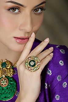 Yellow Gold Finish Multi-Colored Stone Meenakari Ring