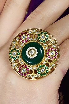 Yellow Gold Finish Multi-Colored Stone Meenakari Ring