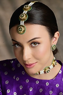 Yellow Gold Finish Pearl & Green Enameled Maangtikka
