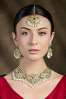 Yellow Gold Finish Pink & Green Stone Floral Maangtikka