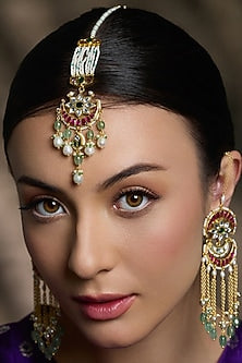 Yellow Gold Finish Kundan Polki Handcrafted Maangtikka