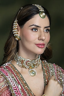 Yellow Gold Finish Green Enameled Floral Maangtikka