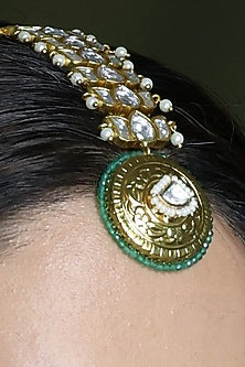 Yellow Gold Finish Green Enameled Floral Maangtikka
