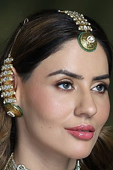 Yellow Gold Finish Green Enameled Floral Maangtikka