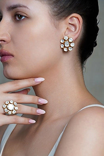 Yellow Gold Finish Kundan Polki Floral Stud Earrings