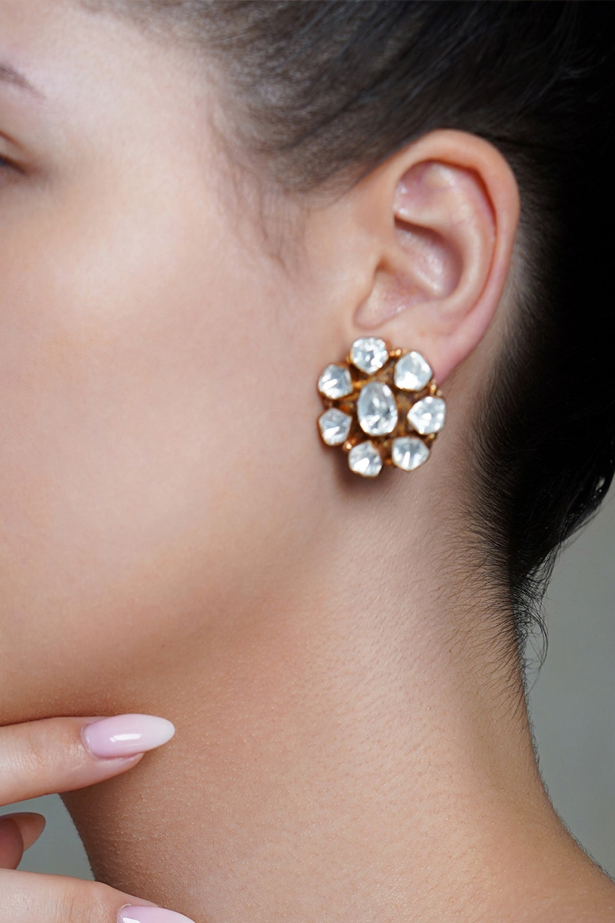 Yellow Gold Finish Kundan Polki Floral Stud Earrings
