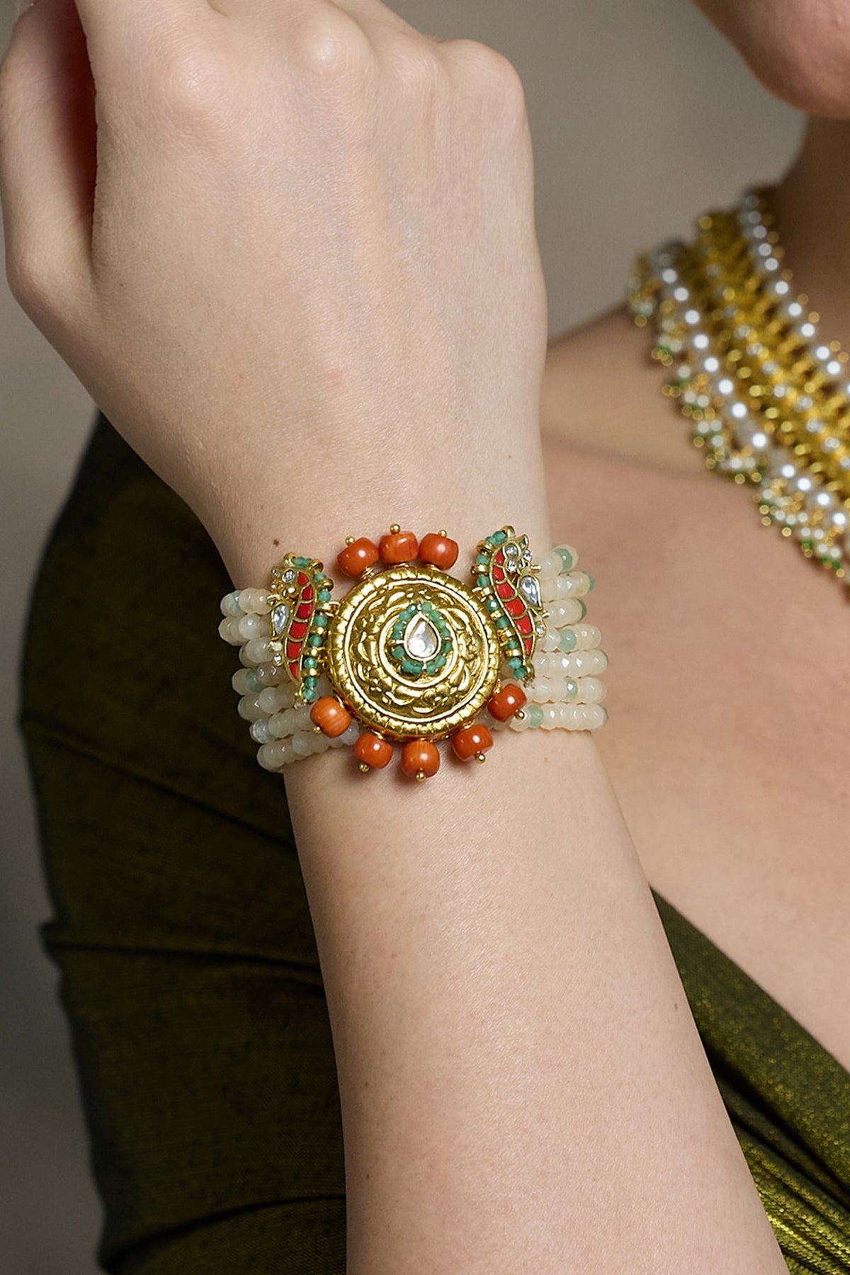 Yellow Gold Finish Red Beaded Adjustable Bracelet