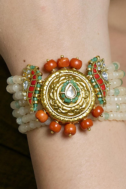 Yellow Gold Finish Red Beaded Adjustable Bracelet