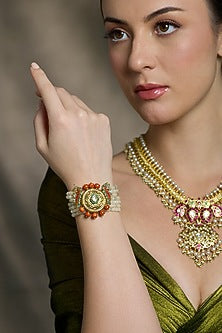 Yellow Gold Finish Red Beaded Adjustable Bracelet