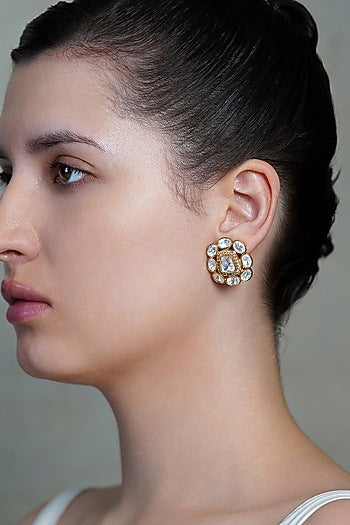 Yellow Gold Finish Kundan Polki Floral Stud Earrings