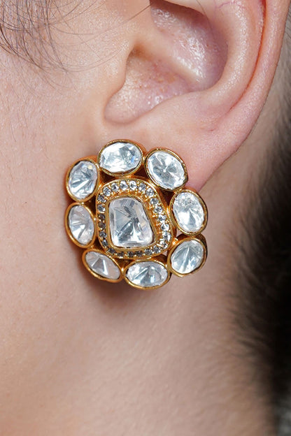 Yellow Gold Finish Kundan Polki Floral Stud Earrings
