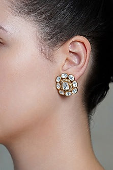 Yellow Gold Finish Kundan Polki Floral Stud Earrings