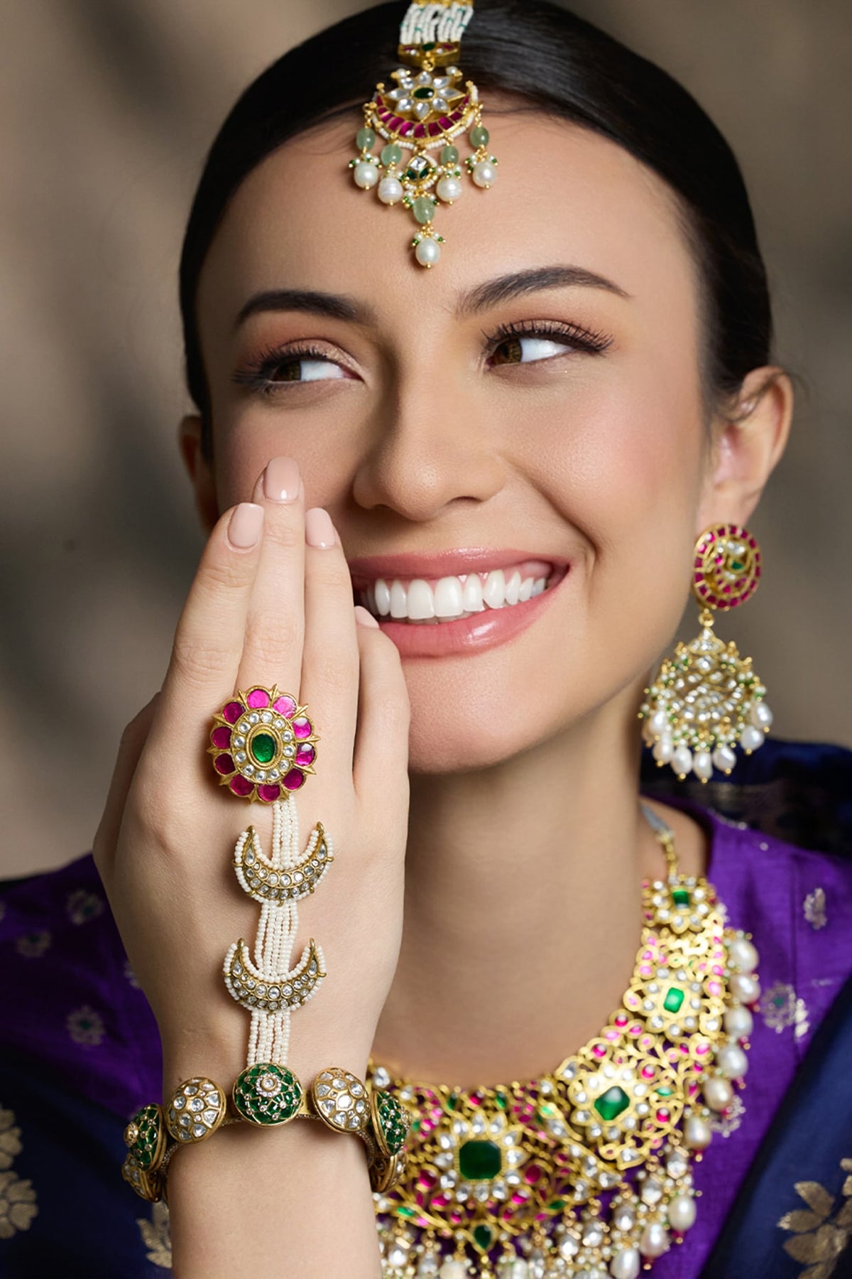 Yellow Gold Finish Ruby & Emerald Stone Temple Bangle