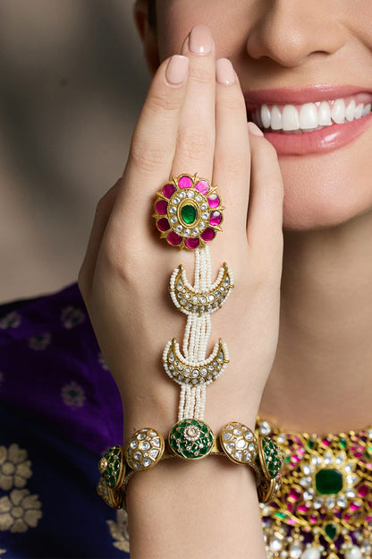 Yellow Gold Finish Ruby & Emerald Stone Temple Bangle