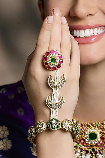 Yellow Gold Finish Ruby & Emerald Stone Temple Bangle