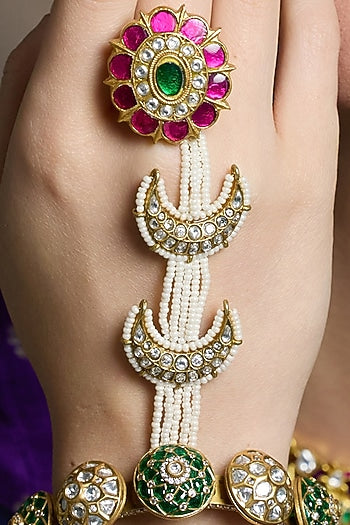 Yellow Gold Finish Ruby & Emerald Stone Temple Bangle