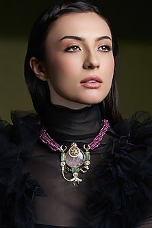 Yellow Gold Finish Pink Beaded Handcrafted Necklace
