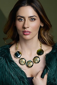 Yellow Gold Finish Black Stone Choker Necklace