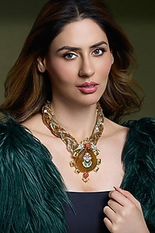 Yellow Gold Finish Beaded Handcrafted Pendant Necklace