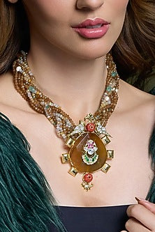 Yellow Gold Finish Beaded Handcrafted Pendant Necklace
