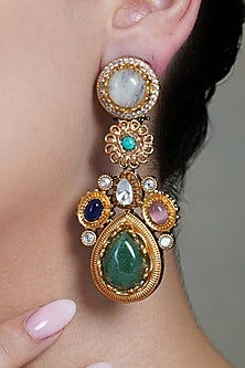 Yellow Gold Finish Multi-Colored Stone Dangler Earrings