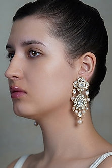 Yellow Gold Finish Pearl Drop Dangler Earrings