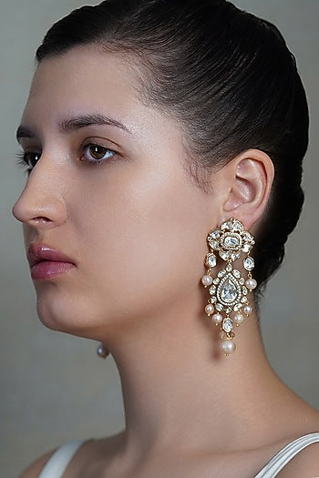 Yellow Gold Finish Pearl Drop Dangler Earrings