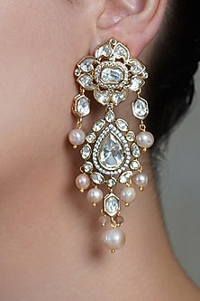 Yellow Gold Finish Pearl Drop Dangler Earrings