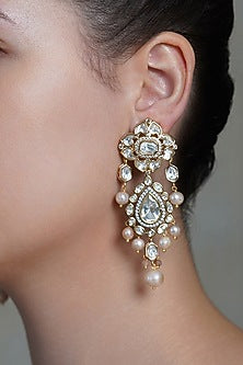 Yellow Gold Finish Pearl Drop Dangler Earrings