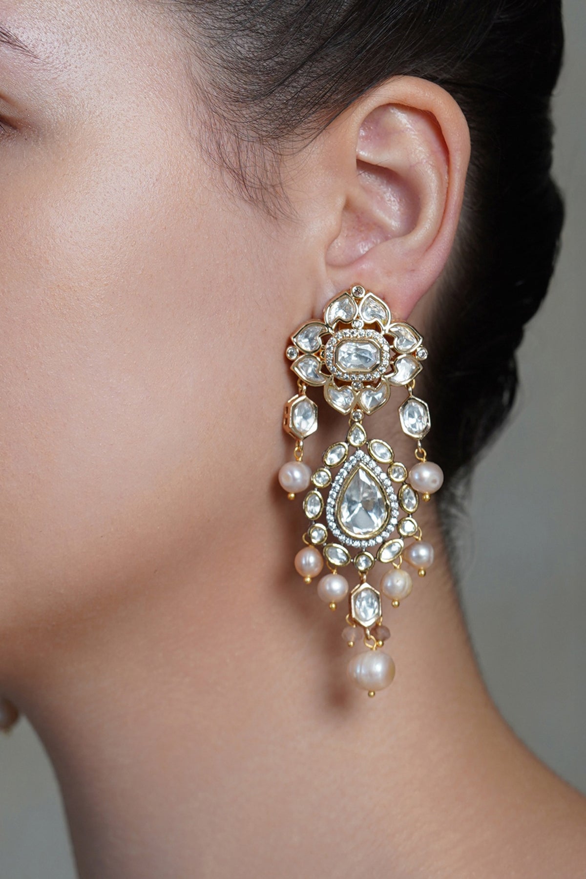 Yellow Gold Finish Pearl Drop Dangler Earrings