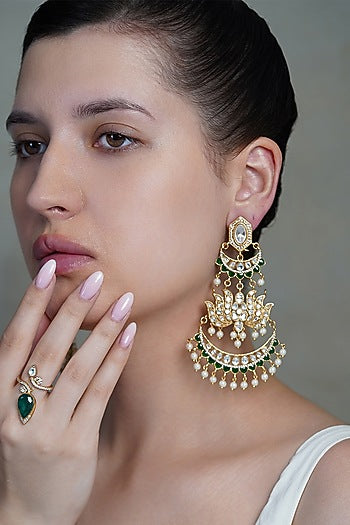 Yellow Gold Finish Pearl Drop & Blue Stone Chandbali Earrings
