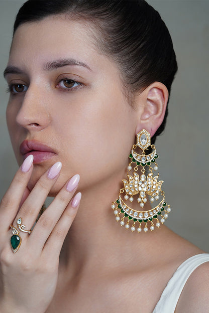Yellow Gold Finish Pearl Drop & Blue Stone Chandbali Earrings