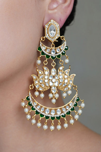 Yellow Gold Finish Pearl Drop & Blue Stone Chandbali Earrings