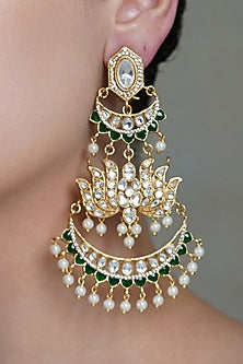 Yellow Gold Finish Pearl Drop & Blue Stone Chandbali Earrings