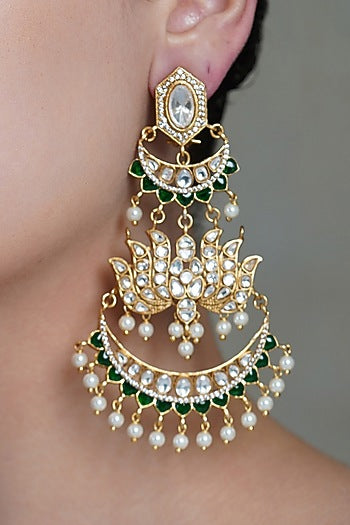 Yellow Gold Finish Pearl Drop & Blue Stone Chandbali Earrings
