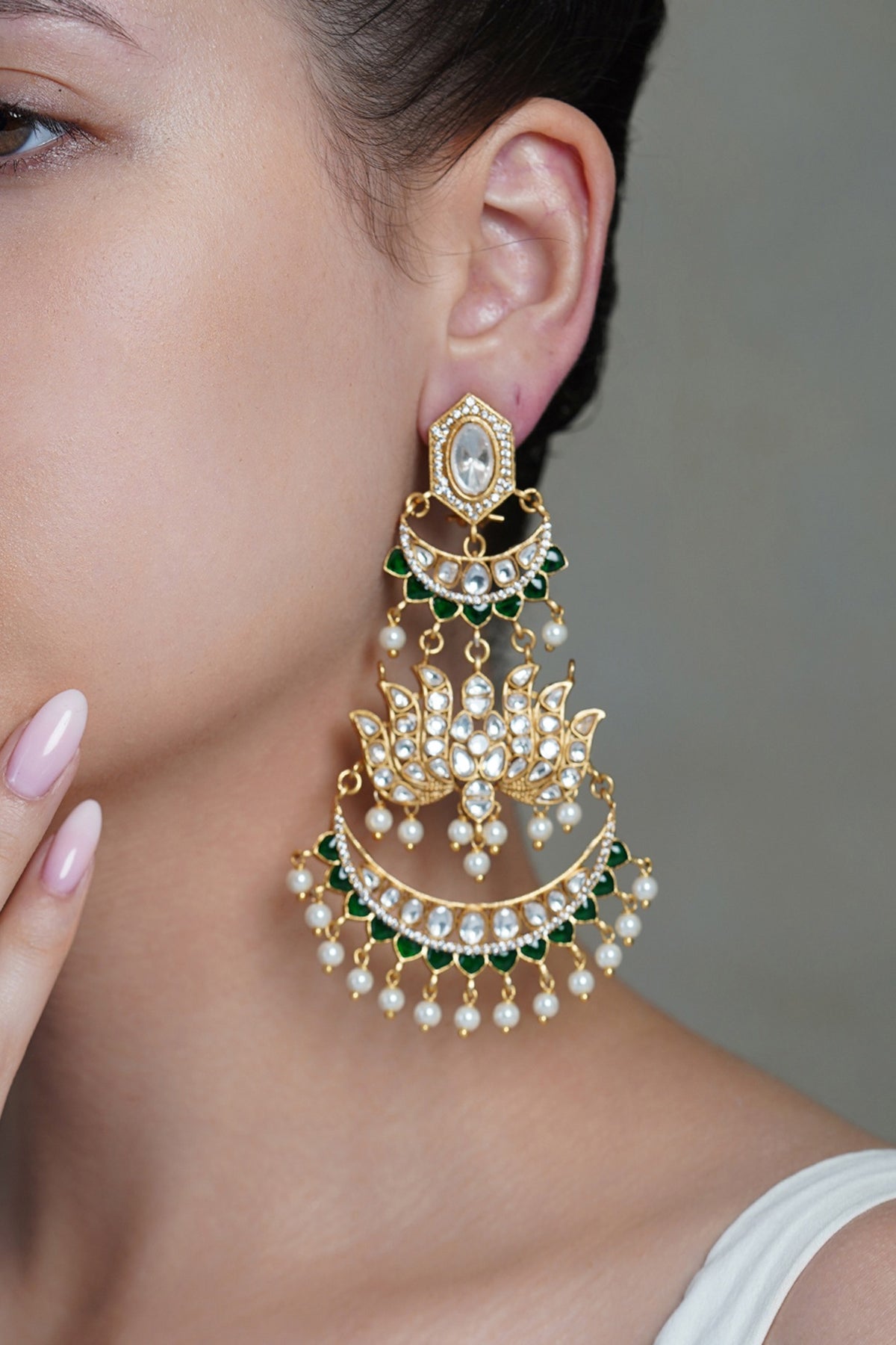 Yellow Gold Finish Pearl Drop & Blue Stone Chandbali Earrings