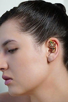 Yellow Gold Finish Red Gemstone Ear Cuffs