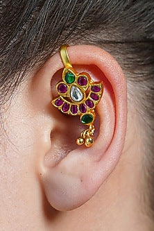 Yellow Gold Finish Red Gemstone Ear Cuffs