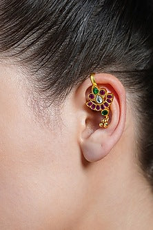 Yellow Gold Finish Red Gemstone Ear Cuffs