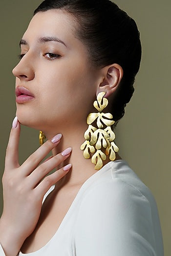 Yellow Gold Finish Vine Motif Dangler Earrings