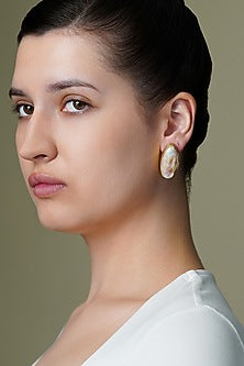 Yellow Gold Finish White Stone Shell Stud Earrings