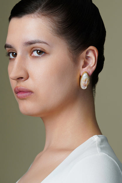 Yellow Gold Finish White Stone Shell Stud Earrings