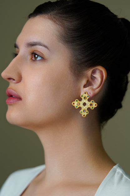 Yellow Gold Finish Multi-Colored Stone Stud Earrings