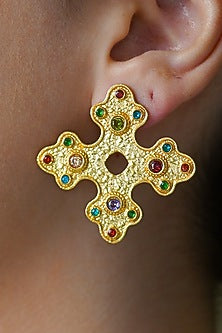 Yellow Gold Finish Multi-Colored Stone Stud Earrings