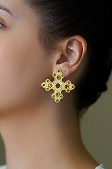 Yellow Gold Finish Multi-Colored Stone Stud Earrings
