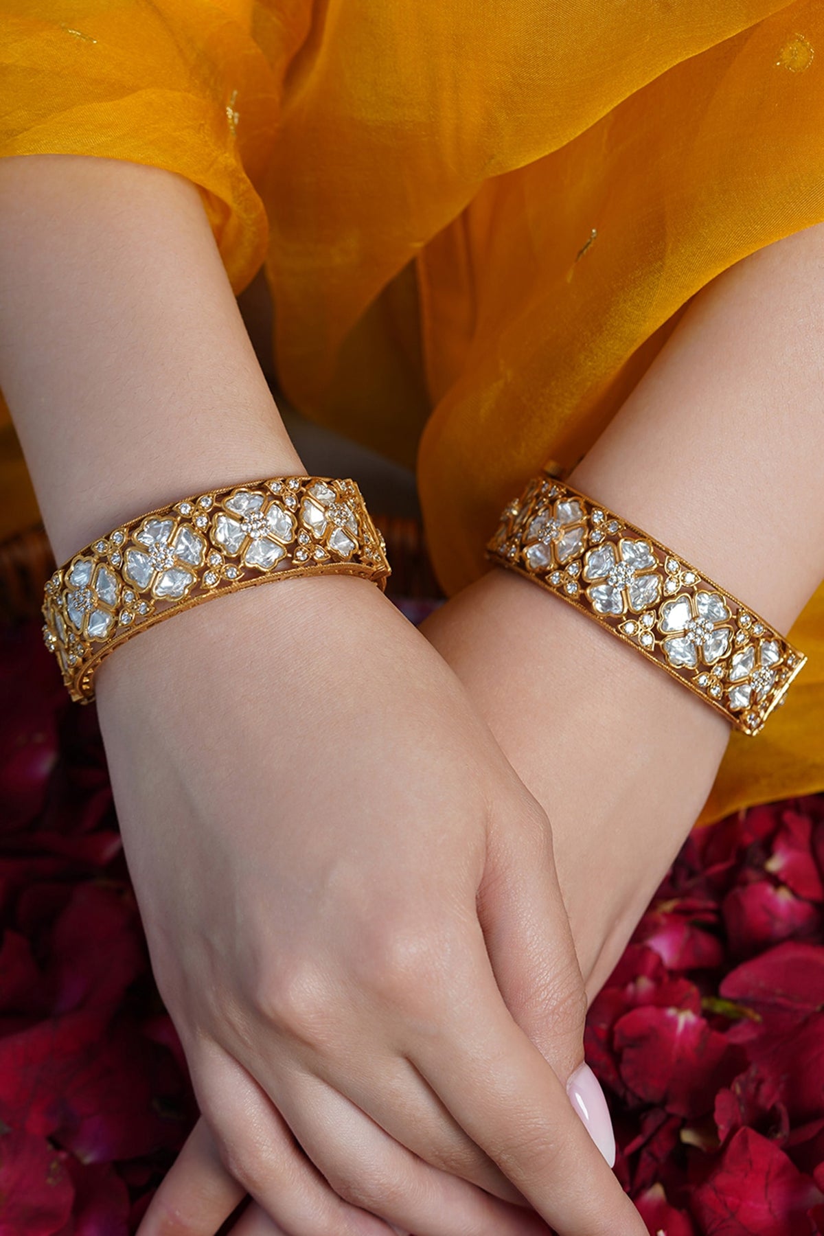 Yellow Gold Finish Kundan Polki Bangles (Set Of 2)