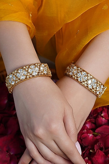 Yellow Gold Finish Kundan Polki Bangles (Set Of 2)