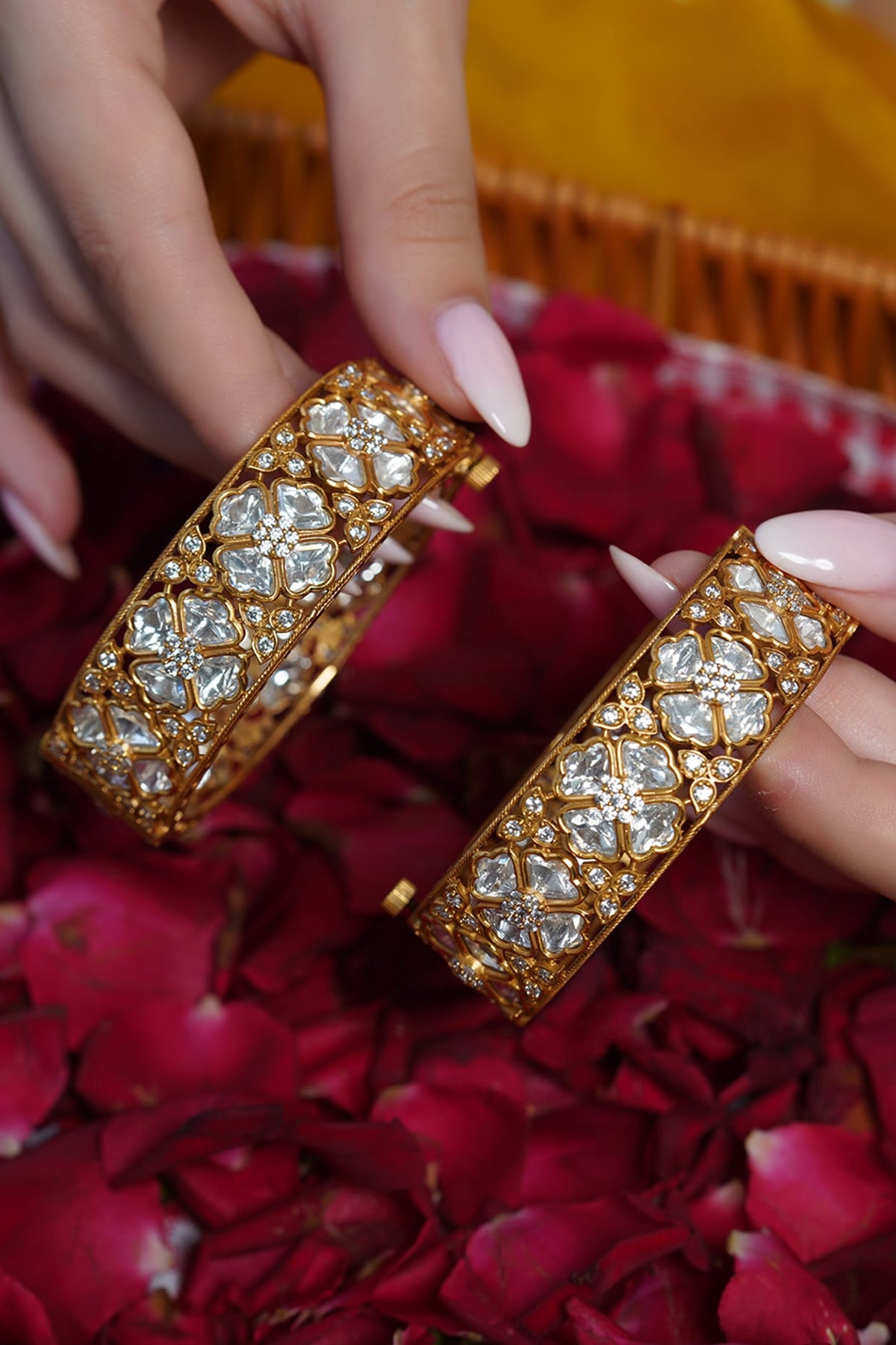 Yellow Gold Finish Kundan Polki Bangles (Set Of 2)