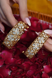 Yellow Gold Finish Kundan Polki Bangles (Set Of 2)