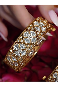 Yellow Gold Finish Kundan Polki Bangles (Set Of 2)